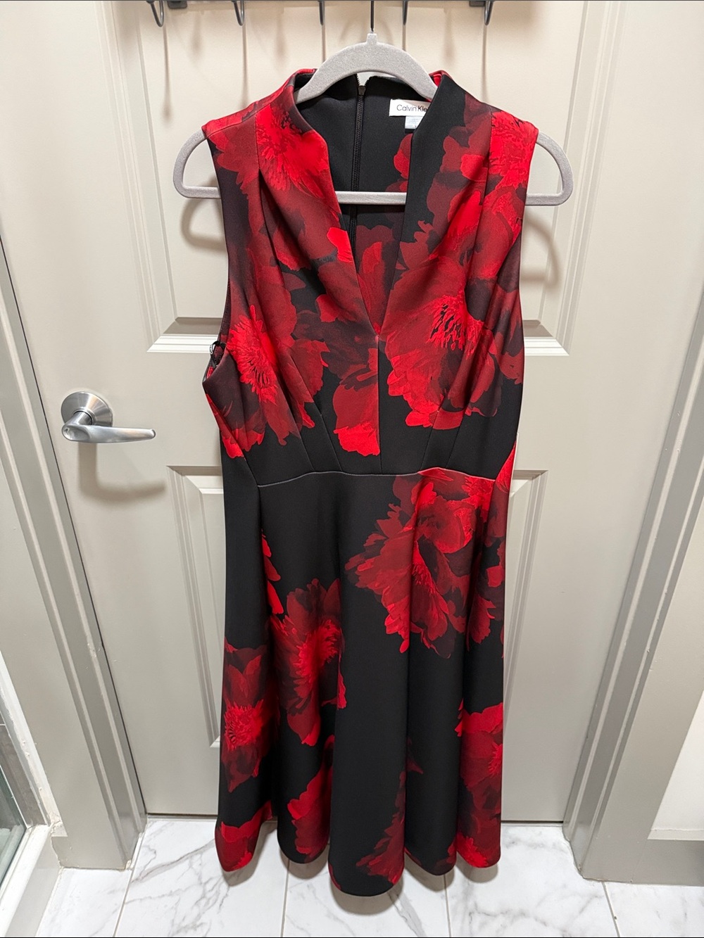 Calvin Klein Black Midi Dress with Red Floral Print